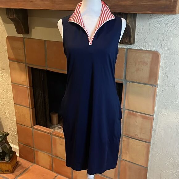 Sailor Sailor Navy Blue Nautical striped Collar 1/4 Zip Dress, size S - Picture 1 of 10
